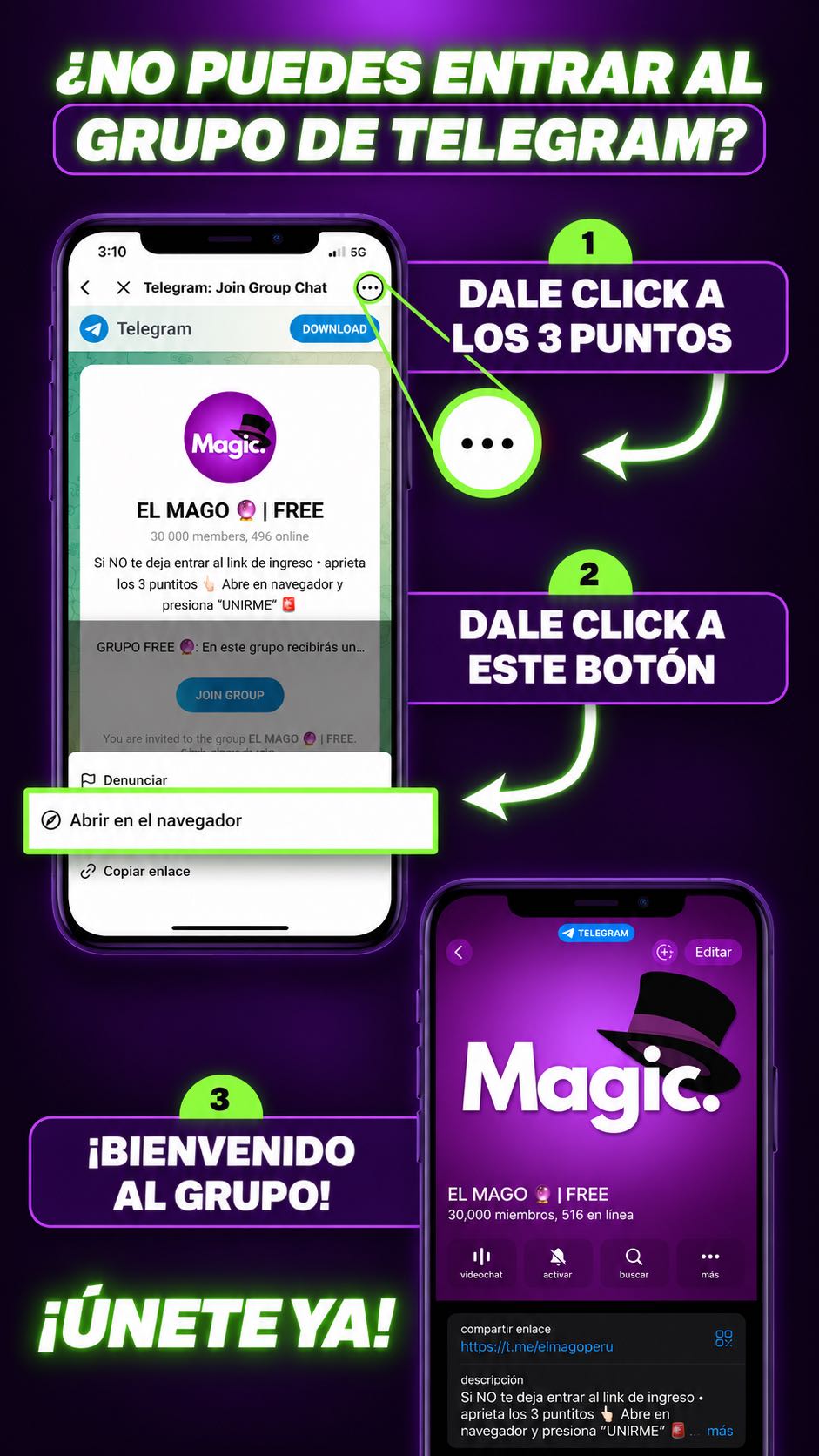 Cómo entrar al grupo: toca los 3 puntos y abre en el navegador